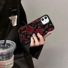 1 pieza Funda de teléfono con patrón de rosa roja elegante de material TPU compatible con iPhone/teléfonos - Negro - Ver 3