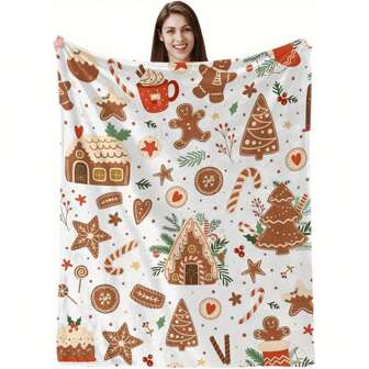 1 Piece Of Comfortable Christmas Baking Pattern Plush Traveling-Rug-Holiday Gingerbread Man, Candy Cane And Holiday Decorations-Soft Flannel Material, Suitable For Home, Camping, Bed And Sofa Use, Holiday Home Decoration |   Holiday Design |   Knitted Polyester Fiber, Suitable For Bed, Sofa, Camping And Travel, Durable And Comfortable Decorative Shawl And BlanketCozy Soft Flannel Blanket & Suitable For Birthday Anniversaries, Valentine's Day, Thanksgiving, Christmas, Halloween, Wedding, New Year Gifts Provide Personalized Ideal Gifts For Her, Him, Family Members, Boyfriends, Girlfriends, Fathers, Family Members, Mothers, Lovers, Daughters, Sons, Grandfathers, Grandmothers, Friends, Classmates And Pets. Sofa, Bed, Car, Bedroom, Living Room, Office, Outdoor Camping, Beach, Wall Decoration, Bedroom Decor, Halloween Blanket, Fall Decor, Fall Decorations For Home, Christmas Party Theme Blanket, Christmas Decor, Office Decoration