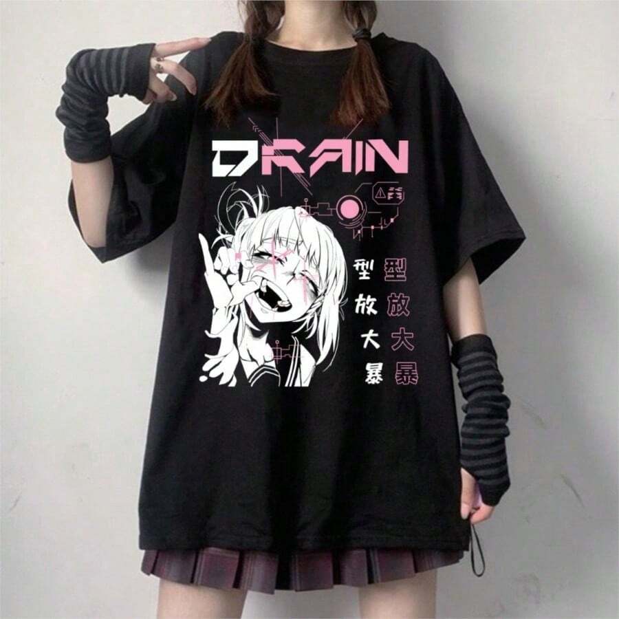 Black T Shirt Y2k Women Japanese Anime My Hero AcademiaS T-Shirt Himiko Toga Printed Short Sleeve Tees ElfS Girl Cute Streetwears. - Black - View 1