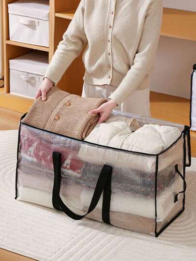 1pc Large Capacity Storage Bag, Transparent Zipper Storage Bag, Portable Waterproof Fabric Storage Box, Foldable Organic Bag For Bedding, Clothes, Toys, Pillows, Blankets, Travel, Seasonal Storage & Organization, Holiday Gift, Bedroom, Organic, Home Storage, White T-Shirt For Women, Black Underwear For Women, Winter Clothes For Women, Dress