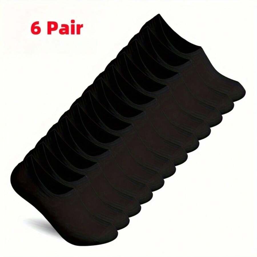 6-Pair Non-Slip Invisible Sneaker Socks - Cotton, Breathable For Women & Men - Black - View 1