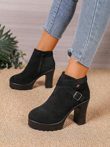Women's New Autumn/Winter Suede Thick Sole Chunky Heel Ankle Boots With Side Zipper, Round Toe, Cross Strap Decor, Fashion & Comfortable (Friendly Reminder: Shoes Run Small, Please Order Accordingly)
