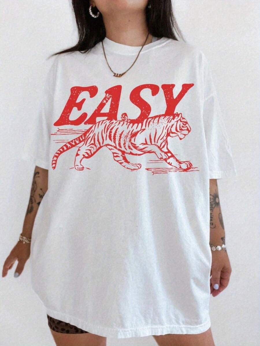 Women's White Pattern Print Drop Shoulder T-Shirt - Tiger And 'EASY' Design, Medium Elasticity Round Neck Casual Top, Machine Washable, Four Seasons Comfortable Style, Daily Fashion, Bold Animal Pattern, Non-Transparent Fabric - White - View 1