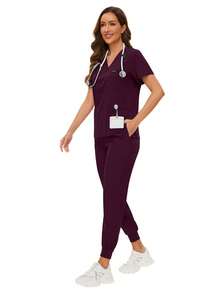 外科手术服 女式洗手服套装 护士 美容院工作服 临床洗手服 上衣裤子套装 水疗医生护理临床套装 春季 - 酒紅色 - 查看 6