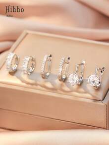 Hihho 6 件/套方晶锆石镶嵌圆形耳环，经典锆石耳环耀眼的 U 形耳环，精美女士珠宝派对礼物 - 圈式耳環 - 查看 3