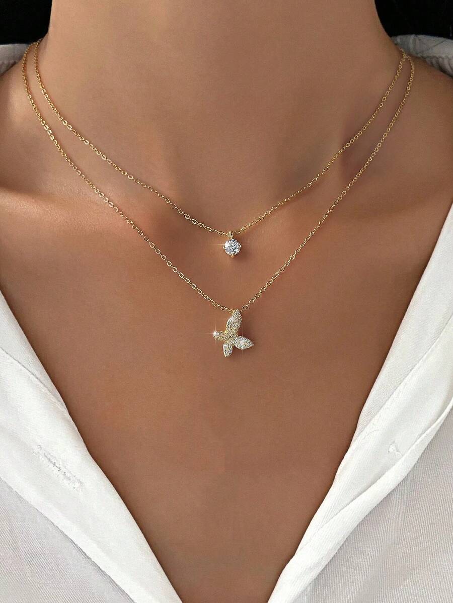 1pc Elegant Double-Layer Butterfly Necklace, S925 Sterling Silver Women's Delicate Necklace, High-End Jewelry Gift, Party/Birthday/Date Night Essential