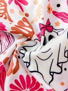 1pc Baby Girls' Halloween Pumpkin & Ghost Print Funny Design Contrast Color Zipper Romper, Long Sleeve, Fit For 0-9 Months Infants, Holiday Cute Outfit