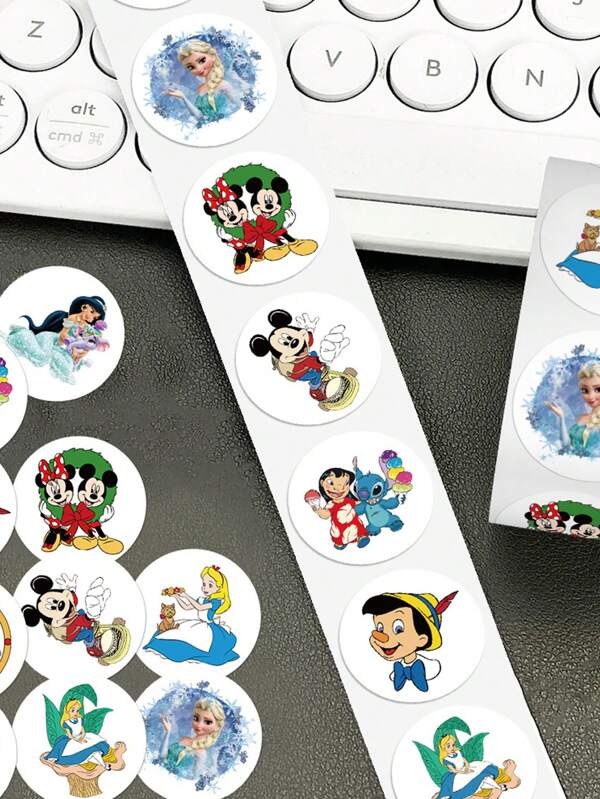Disney 500PCS Disney Genuine License Roll Sticker Mickey Minnie Stitch Princess Cartoon Decal For Laptop Water Bottle Phone Guitar Envelope Invitation Kraft Paper Bag Circular Sealed Gift Roll Sticker ﻿