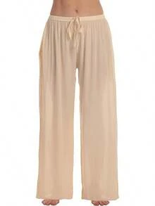 Women's% Rayon Beach Pants – Lightweight Wide Leg Flowy Pants With Pockets - Solid Beige - 查看 1