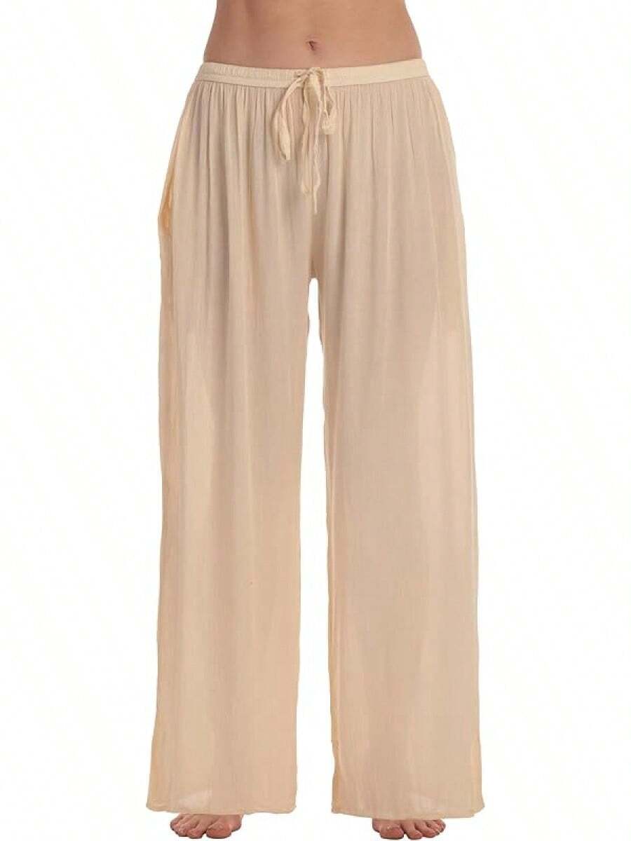 Women's% Rayon Beach Pants – Lightweight Wide Leg Flowy Pants With Pockets - Solid Beige - 查看 1