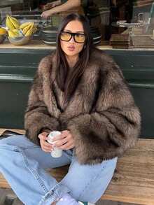 奢华女士棕色人造毛皮大衣，前开襟，适合寒冷季节，秋冬人造毛皮夹克 - 巧克力棕 - 查看 1