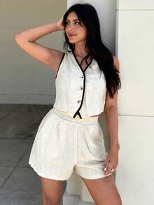 EMERY ROSE Women's Linen Contrast Color Trim Vest & Shorts Suit Set Old Money Style Set Two Pieces Commuter Suit Two Pieces Spring And Summer Suit Two Pieces Set - Apricot - View 2