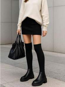 Fall/Winter Slim Fit Elastic Pull-On Thick Sole Comfortable Over-The-Knee Boots For Women - Black - View 1