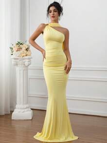 HOMEYEE 纯色百搭圆领荷叶边系带性感不对称肩部修身超长连衣裙，适合正式场合、鸡尾酒会、婚礼，优雅有弹性 - 黃色 - 查看 5