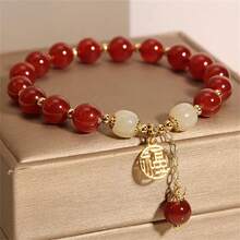 1pc Red Agate Beaded Bracelet With Golden Accents Elegant Traditional Style Smooth Polished Beads Perfect Gift For Women Casual Attire Or Special - 紅色 - 查看 4