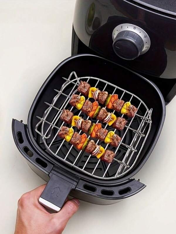 1 pièce, Grille de friteuse à air avec 4 brochettes, 19 cm x 19 cm x 7 cm, Grille de déshydrateur en acier inoxydable antiadhésive, Grille de cuisson carrée pour friteuse à air, Ustensiles de cuisson, Gadgets de cuisine, Accessoires de cuisine