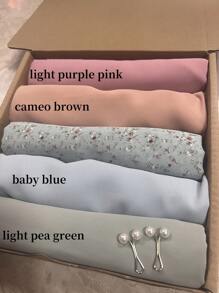 5 pièces/1 set Couleur unie et impression numérique Écharpe plissée en mousseline de soie avec perle Hijab simple mode Châle unicolore pour femmes musulmanes