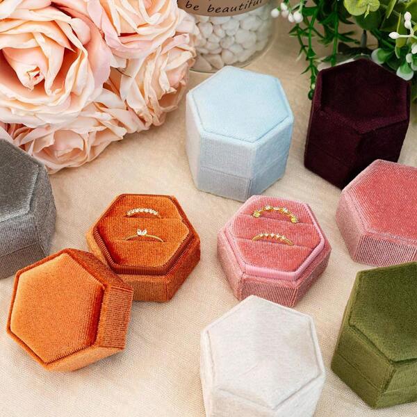 1 pieza Caja de anillo de terciopelo de 5*4.5*4.5cm, caja de anillo de compromiso de terciopelo blanco/rosa, caja de joyería de terciopelo hexagonal para empaquetar, caja de anillo doble vintage para anillos y aretes, adecuada para propuesta, boda, regalo, aniversario para mujer, organizador de almacenamiento, esencial de viaje, regreso a la escuela, almacenamiento de dormitorio, decoración de otoño