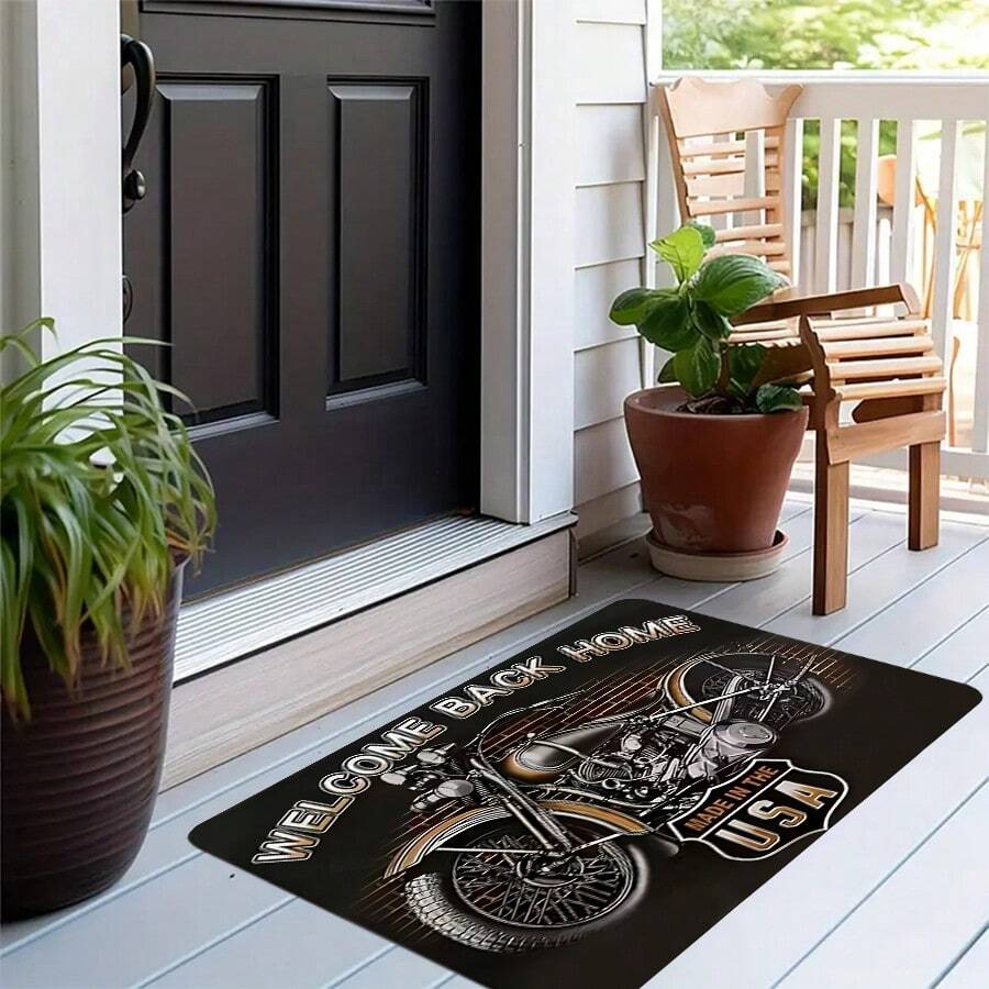 1pc Motorcycle Pattern Anti-Slip Dirt-Resistant Bedside Rug, Coffee Table Mat, Doormat, Plush Crystal Velvet Carpet Mat For Living Room & Bedroom