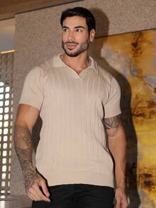Men's Chic Lightweight Textured Knit Sweater Shirt, High Quality, Perfect For Autumn And Winter, Father's Day. - Beige - View 3