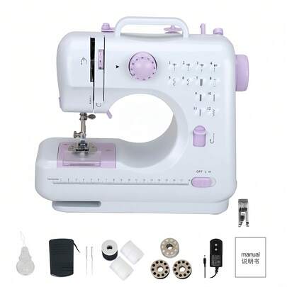 Multifunctional Electric Mini Sewing Machine With 12 Stitch Patterns - Double Thread, 2 Speeds, Foot Pedal & Free Arm - Ideal For Beginners & DIY Household Use, EU Plug