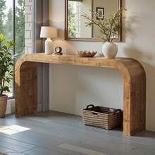 LITTLE TREE 70.87-Inch Solid Wood Console Table, Farmhouse Sofa Table With Curved Corners For Hallway, Living Room, Behind Couch, Entrance (Natural Wood) - Natural Brown - View 6