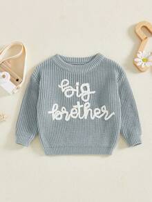Toddler Boys Knitted Jumper Big Bro Letter Embroidery Round Neck Pullover Sweater Baby Warm Knit Tops Pullover Knitwear - 灰色 - 查看 1