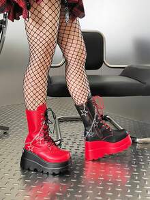 Gothic Platform Wedge Boots For Women Punk Mid-Calf Boots Lace Up Motorcycle Combat Boots With Side Zipper Star Chain Decor Halloween Costumes For Halloween - Black and Red - View 6