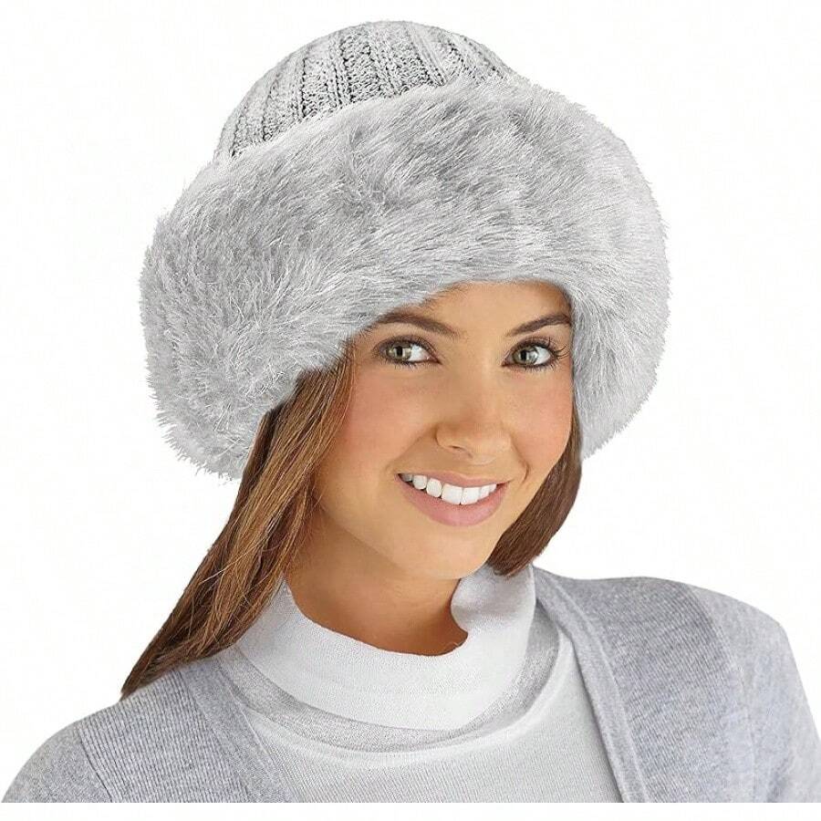 Collections Etc Faux Fur Trimmed Winter Fashion Hat - 淺灰色 - 查看 1