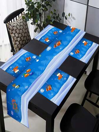 1/5/7/60 piezas Juego de Caminos de Mesa/Individuales de Navidad, Calcetines con Tema Azul, Bolas de Luz, Diseño de Árbol de Pino Camino de Mesa Decoración Navideña, Mantel de Lino Estilo Granja para Interiores y Exteriores, Decoración Estacional Adecuada para Fiestas Navideñas en el Hogar