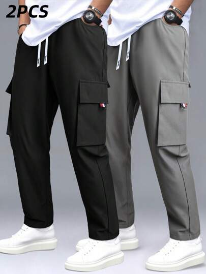 2pcs Teen Boys Cargo Pants, Black & Gray With Drawstring Waist And Multiple Pockets, Durable Polyester, Ideal For Outdoor Activities And Casual Wear, Casual Wear Pants | Multiple Pocket Design | Durable Fabric Pants