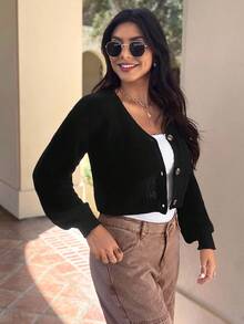 EMERY ROSE Solid Drop Shoulder Button Up Crop Cardigan,Long Sleeve Tops - Black - View 4