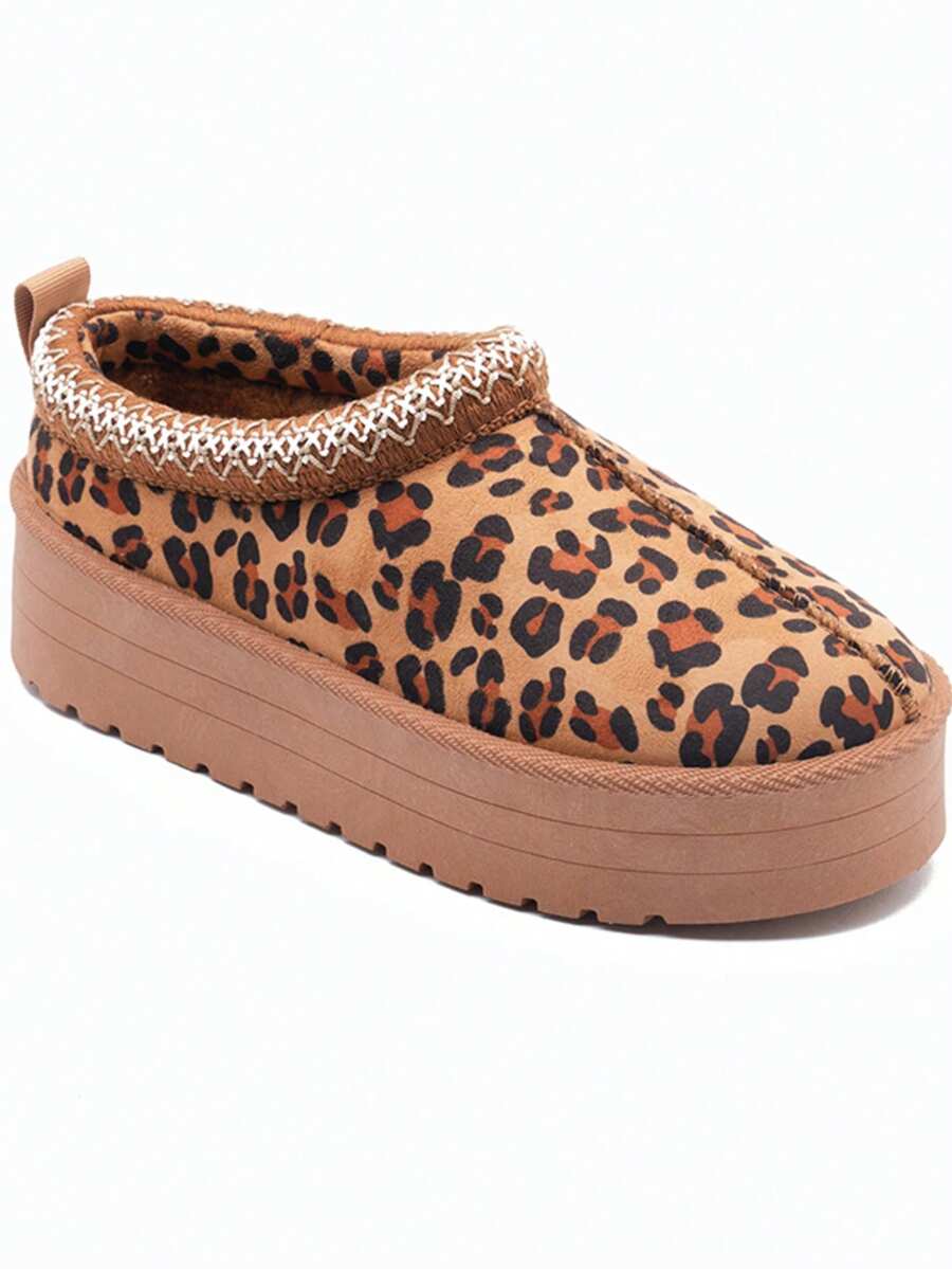 calcena Saboți de damă cu platformă, din piele întoarsă artificială, cu garnitură decorativă țesută, căptușeală confortabilă și talpă groasă - Ghete confortabile până la gleznă, pentru purtare de zi cu zi - Leopard - Vizualizare 1