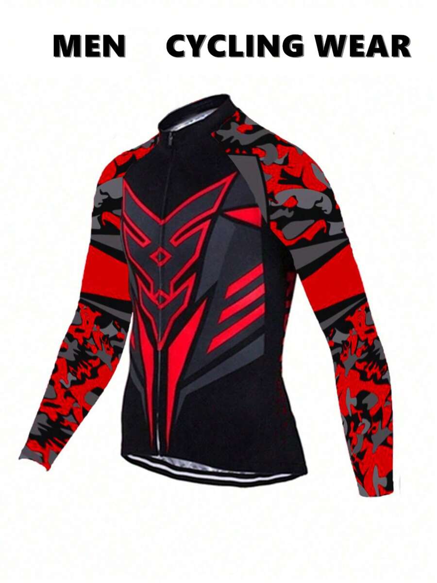 1pc Color Block Camouflage Splicing Long Sleeve Cycling Jersey Top - Brown - View 1