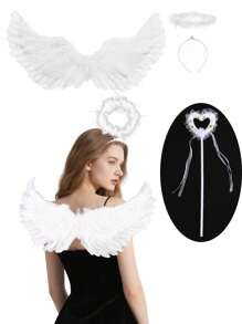 3Pcs Angel Wings Costume Accessories-Feather Wings With Halo Headband Set For Adults,Lightweight Adjustable Fairy Wings