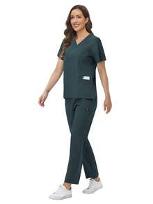 女士透气柔软短袖上衣直筒裤套装，适用于美容美甲师、护士等春季穿着，适合美容院、美甲师等工作场合。 - 橄欖綠 - 查看 5