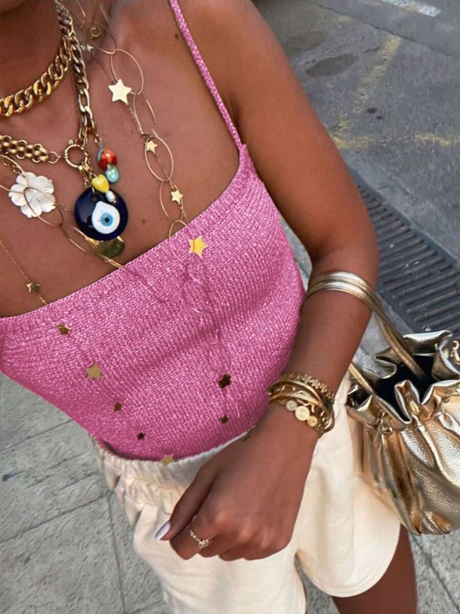 Mejors 女士性感可爱闪亮针织吊带露背金色夏季套装，适合度假、夜店、街头派对、圣诞节、情人节等场合，粉色