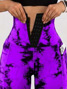 Women's Casual Sports High Waist Drawstring Tie Dye Leggings, Skinny Fit Workout Running Tights For Spring/Summer - Red Violet - View 3