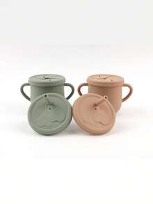 2 Lids Children's Silicone Straw Water Bottle With Snack Lid, Anti-Drop Water Bottle, Baby Double-Ear Silicone Water Bottle, Silicone Learning Drinking - Multicolor - View 9