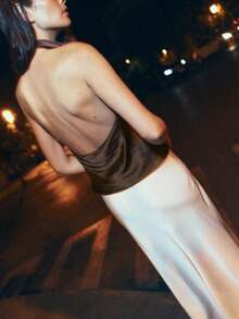 Women Satin Halter Tops Open Back Hidden Button Crop Tops Elegant Cowl Tank Tops Summer Sleeveless Loose Vests Solid Color Going Out Shirt Streetwear - Brown - View 8