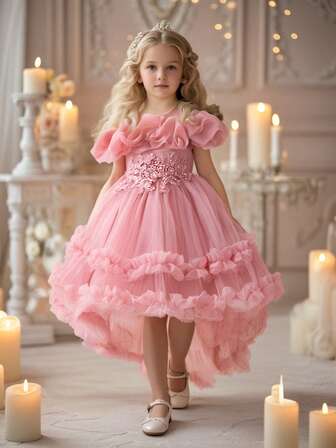 女童优雅亮片刺绣拖尾薄纱连衣裙，适合婚礼、选美、表演的花童礼服