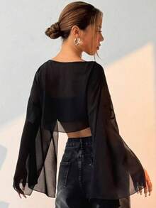 Cropped Tulle Long Sleeve Blouse - 黑色 - 查看 4