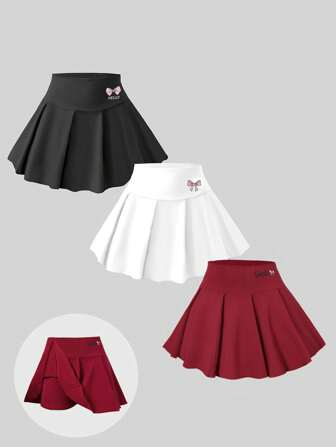 3pcs/Set Girls' Bow Print Pleated Skort, Casual School Style, Autumn/Winter
