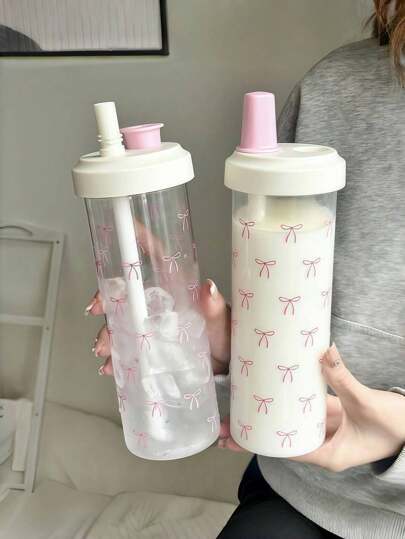 1pc Pink Bow Water Bottle, Minimalist School Water Bottle, Large Capacity Straw Plastic Cup Student Cup, Water Bottle, Cup, Possible, Water, Airport, Cup, School Airport, School Airport