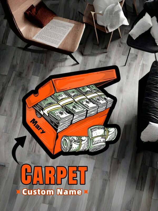 1pc Custom Name Modern Money Box Area Rug, Sneaker Box & Dollar Bill Design Carpet,Imitation Cashmere Material,Iconic Statement Rug For Bedroom, Living Room Or Teen Decor, Urban Home Accent,Fashionable, Colorful, Cute,Unique Personalized Customized Gifts,Back To School Gift,Ideal For Christmas