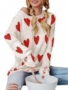 Womens Cute Love Heart Print Sweaters Oversized Off The Shoulder Loose Knitted Valentine Pullover Blouse Top - 白紅色 - 查看 3