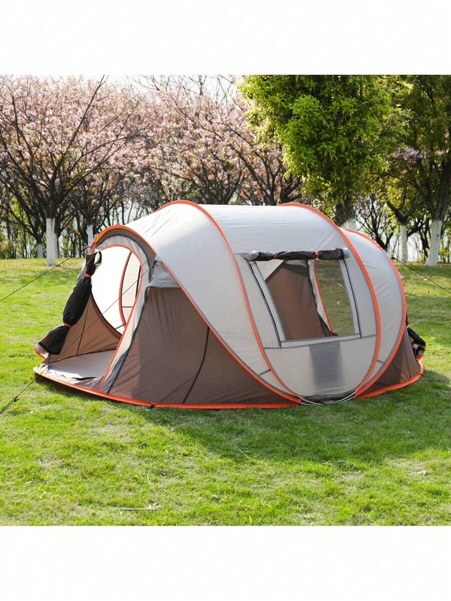 1棕色5-8人自动快开露营帐篷防水露营折叠帐篷适合海边公园户外露营。