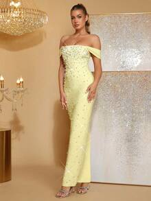 New Sexy Yellow Heavily Embellished Pearl & Rhinestone Off-Shoulder Bandage Maxi Dress, Elegant Women's Birthday Party, Wedding Guest, Formal Dinner, Christmas Party Gown - Yellow - View 6
