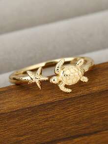 1 Antique Silver Starfish Turtle Open Adjustable Ring For Daily Wear As A Gift For A Friend - Turtle Ring - View 7