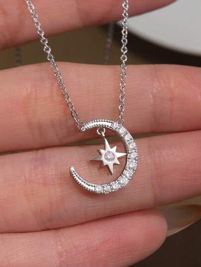 1 件精致满钻星月锁骨项链 S925 纯银女士精致项链精美珠宝礼物派对礼物生日礼物约会必备品